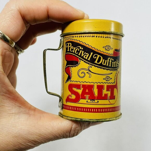 Vintage Percival Duffin Tin Salt Shaker 4” Metal Retro Handle Replacement Yellow - Picture 1 of 12